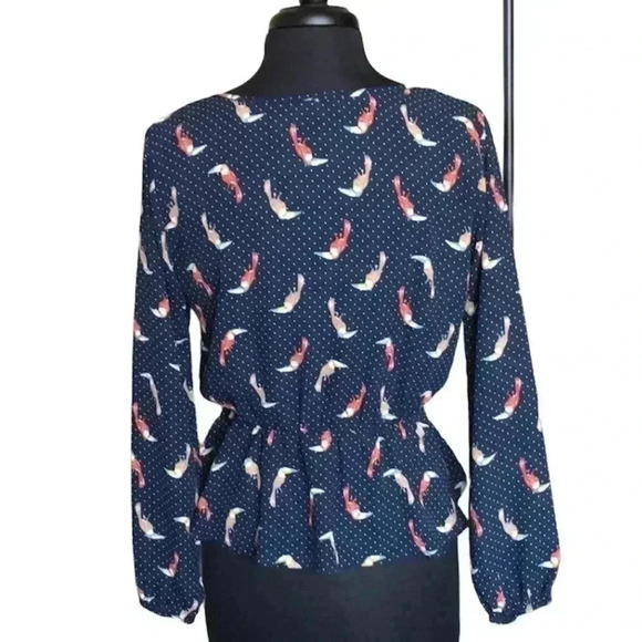 Wishful Polka Dot and Bird Multicolor Casual Long Sleeve Wrap Blouse Size S - Picture 2 of 5